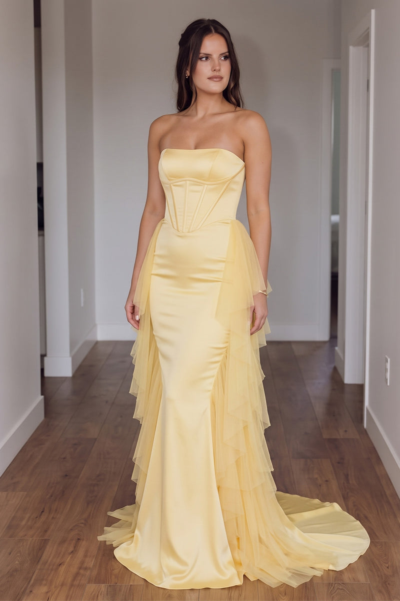 Load image into Gallery viewer, Gold Strapless Ruffled Corset Mermaid Long Prom Dress with Cape