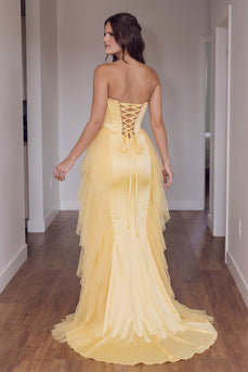 Gold Strapless Ruffled Corset Mermaid Long Prom Dress with Cape