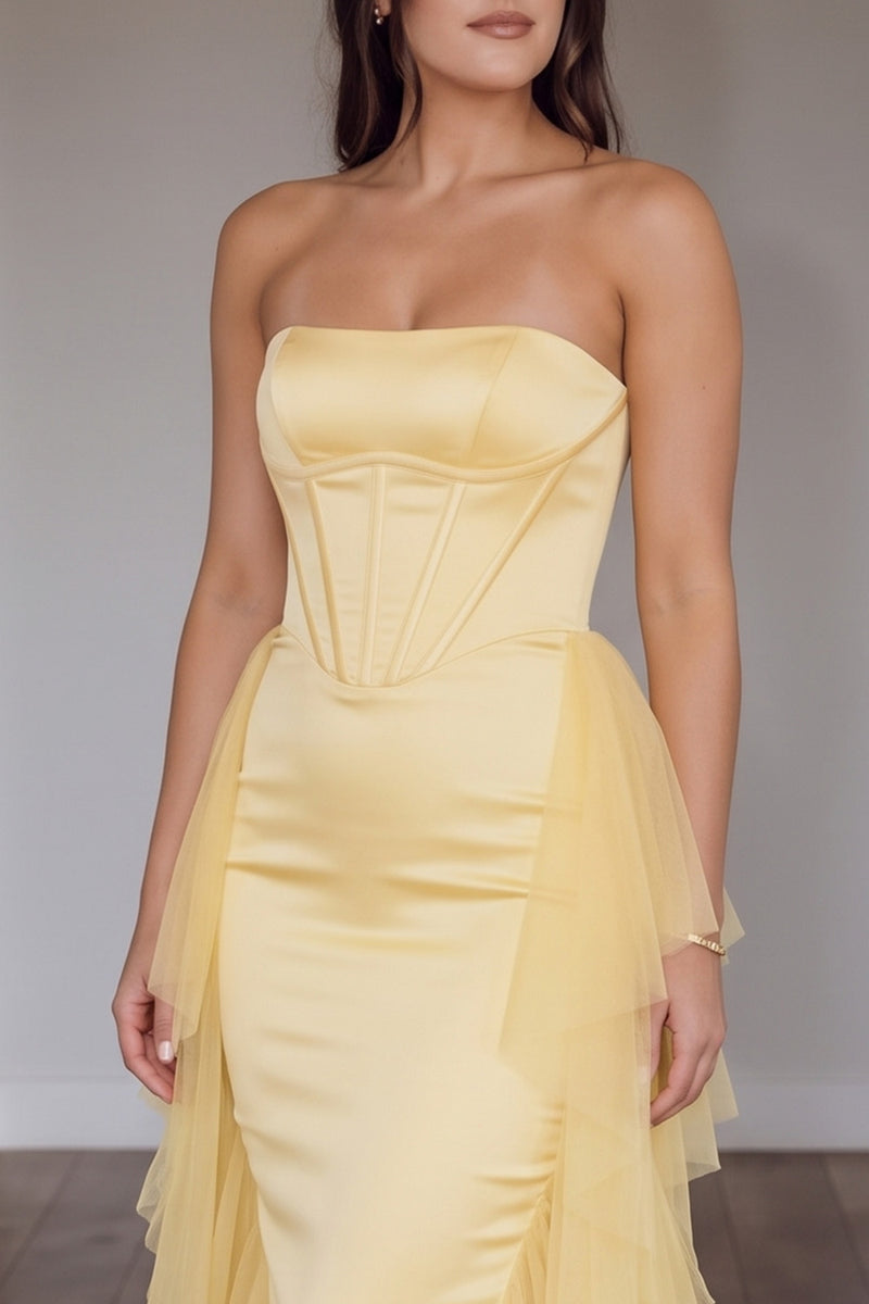 Load image into Gallery viewer, Gold Strapless Ruffled Corset Mermaid Long Prom Dress with Cape