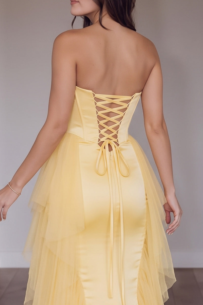 Load image into Gallery viewer, Gold Strapless Ruffled Corset Mermaid Long Prom Dress with Cape