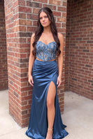 Load image into Gallery viewer, Sparkly Blue Two Piece Sweetheart Long Prom Dress with Slit