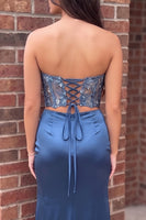 Load image into Gallery viewer, Sparkly Blue Two Piece Sweetheart Long Prom Dress with Slit
