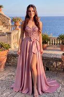 Load image into Gallery viewer, Sparkly Pink  A-Line CorsetSweetheart Long Prom Dress with Bow