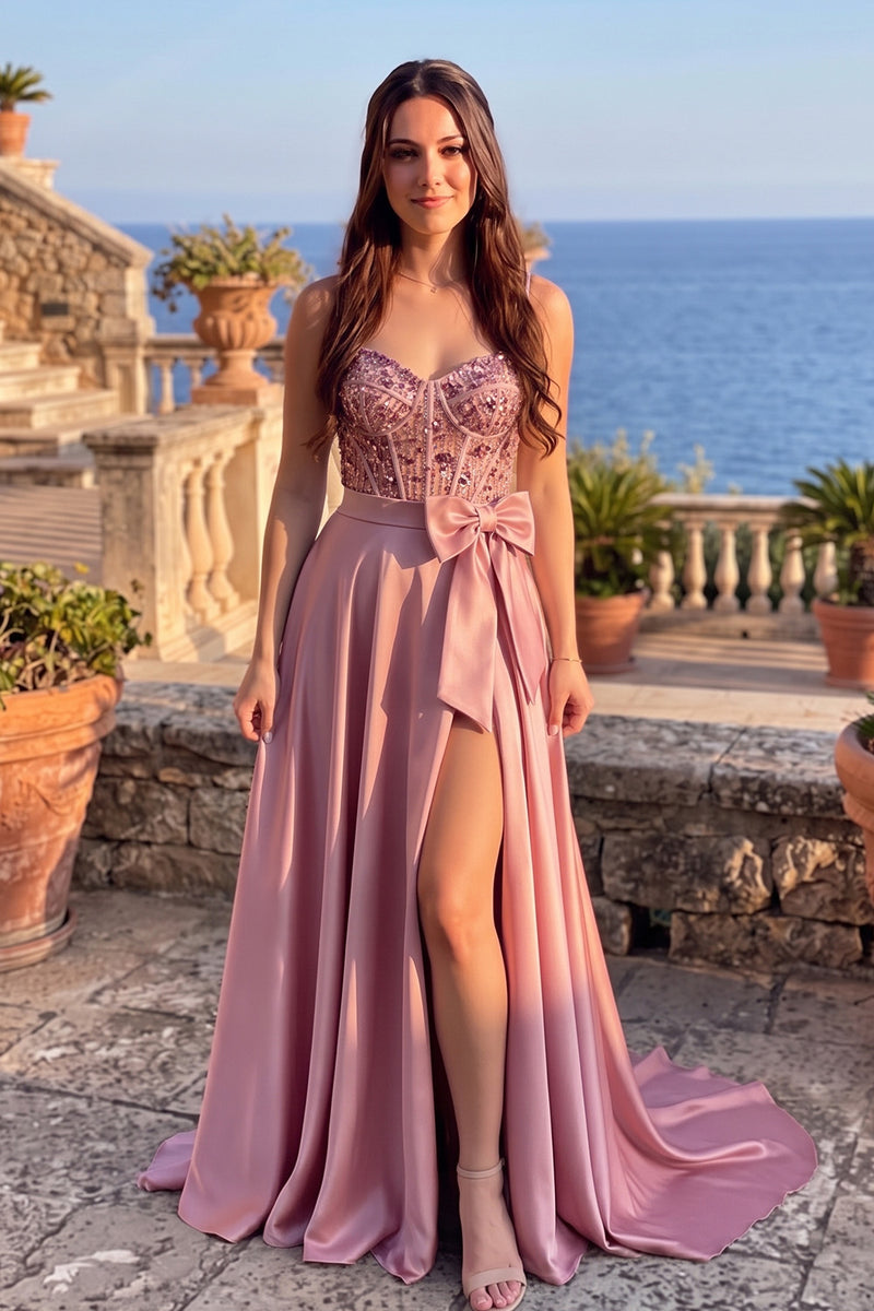 Load image into Gallery viewer, Sparkly Pink  A-Line CorsetSweetheart Long Prom Dress with Bow