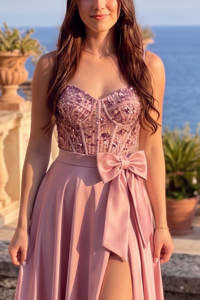 Load image into Gallery viewer, Sparkly Pink  A-Line CorsetSweetheart Long Prom Dress with Bow
