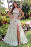 Load image into Gallery viewer, Sparkly Green Floral Sequin A Line High Neck Long Prom Dress with Slit