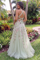 Load image into Gallery viewer, Sparkly Green Floral Sequin A Line High Neck Long Prom Dress with Slit