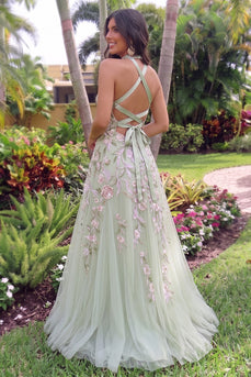 Sparkly Green Floral Sequin A Line High Neck Long Prom Dress with Slit