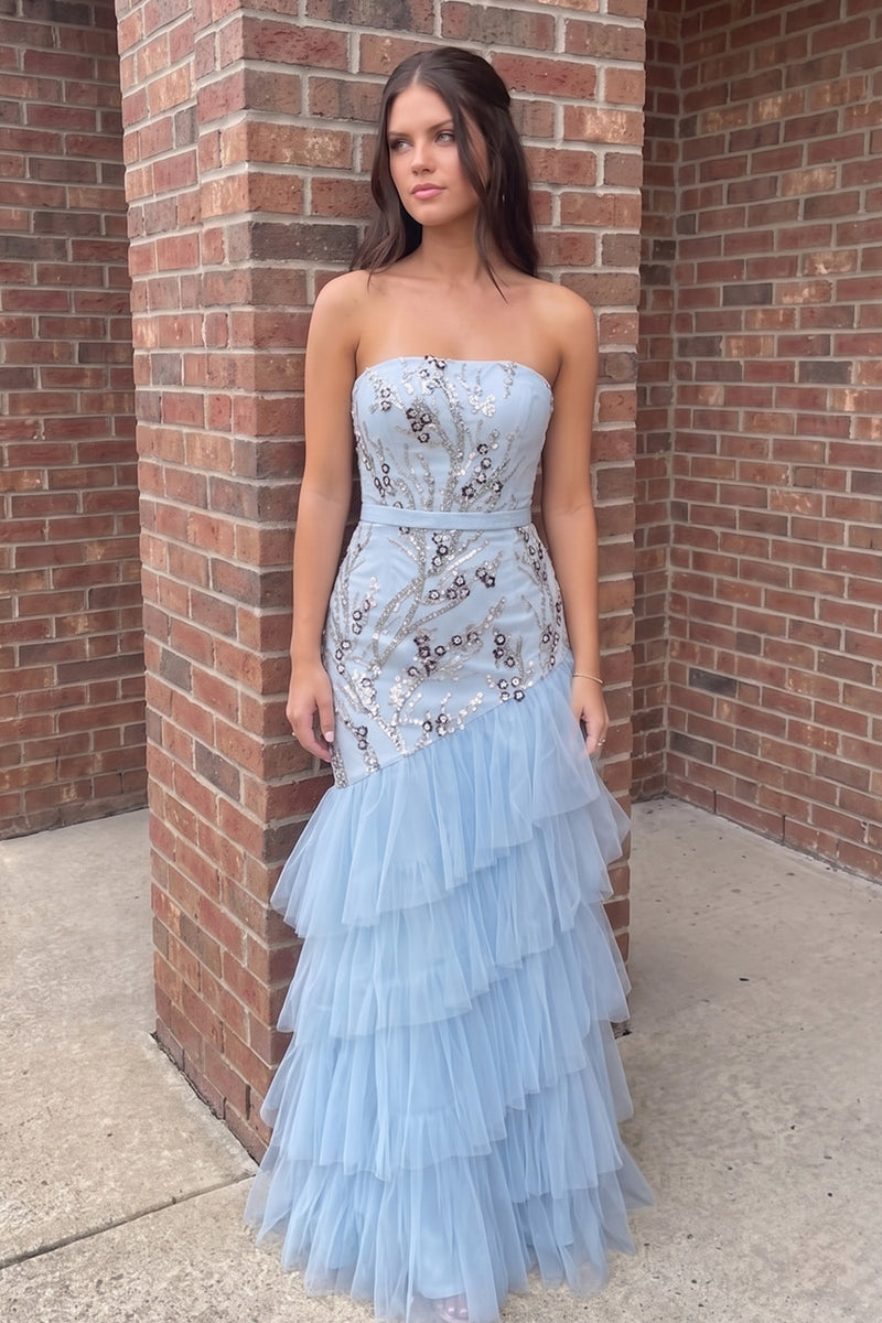 Load image into Gallery viewer, Blue Mermaid Strapless Tiered Long Prom Dress with Beading