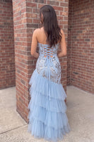 Load image into Gallery viewer, Blue Mermaid Strapless Tiered Long Prom Dress with Beading