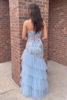 Blue Mermaid Strapless Tiered Long Prom Dress with Beading