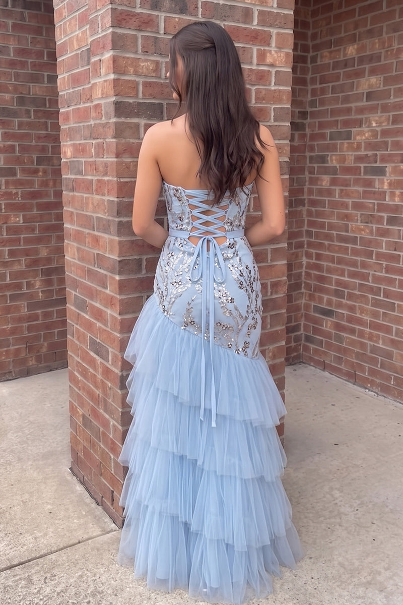 Load image into Gallery viewer, Blue Mermaid Strapless Tiered Long Prom Dress with Beading