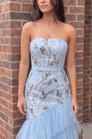 Load image into Gallery viewer, Blue Mermaid Strapless Tiered Long Prom Dress with Beading