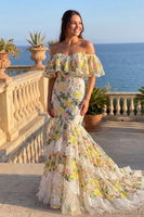 Load image into Gallery viewer, Yellow Mermaid Off the Shoulder Floral Tiered Maxi Prom Dress