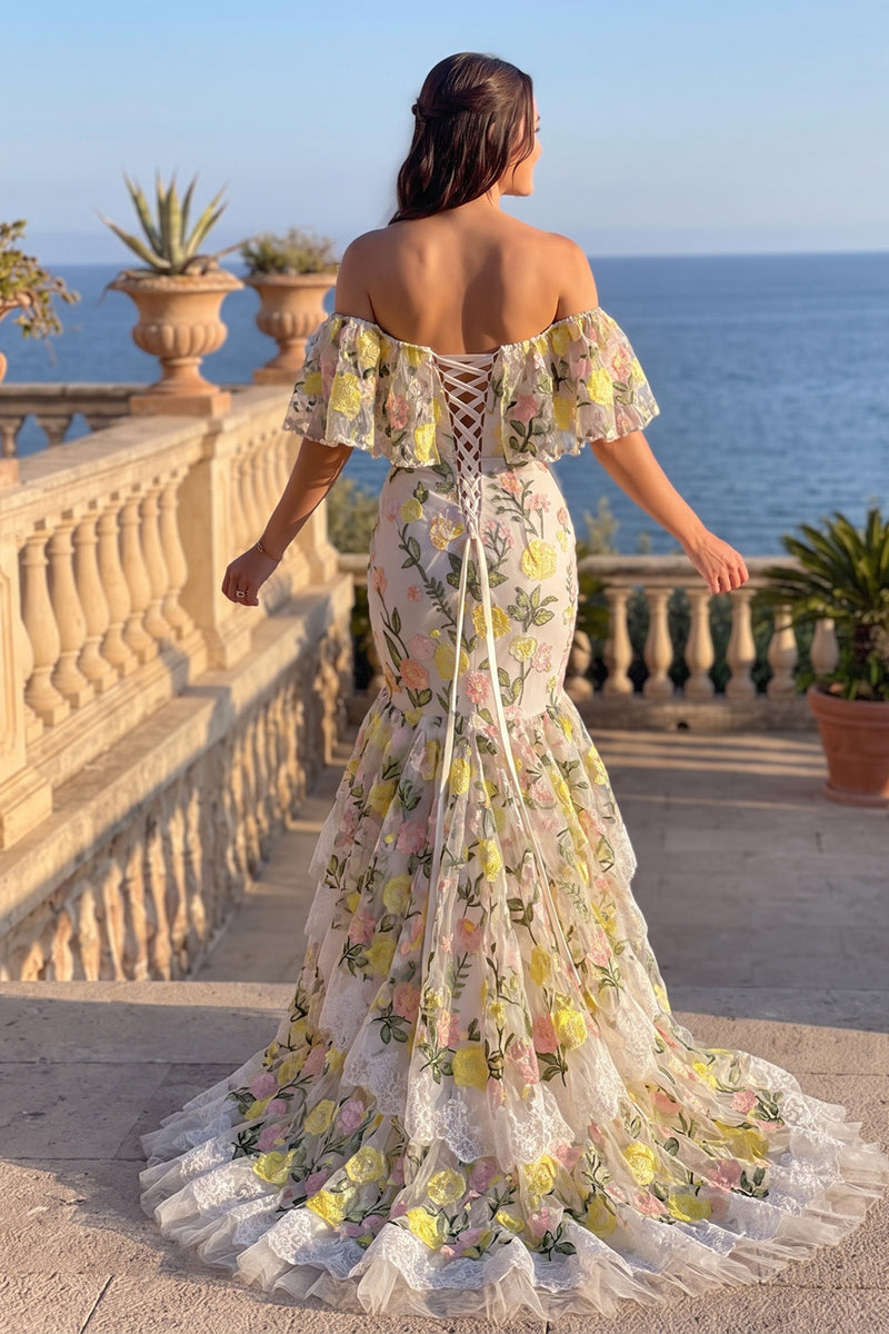 Load image into Gallery viewer, Yellow Mermaid Off the Shoulder Floral Tiered Maxi Prom Dress