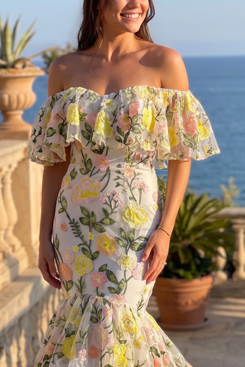 Load image into Gallery viewer, Yellow Mermaid Off the Shoulder Floral Tiered Maxi Prom Dress
