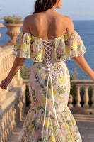 Load image into Gallery viewer, Yellow Mermaid Off the Shoulder Floral Tiered Maxi Prom Dress