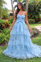Load image into Gallery viewer, Blue Floral Ball Gown Sweetheart Tiered Long Prom Dress with Bow
