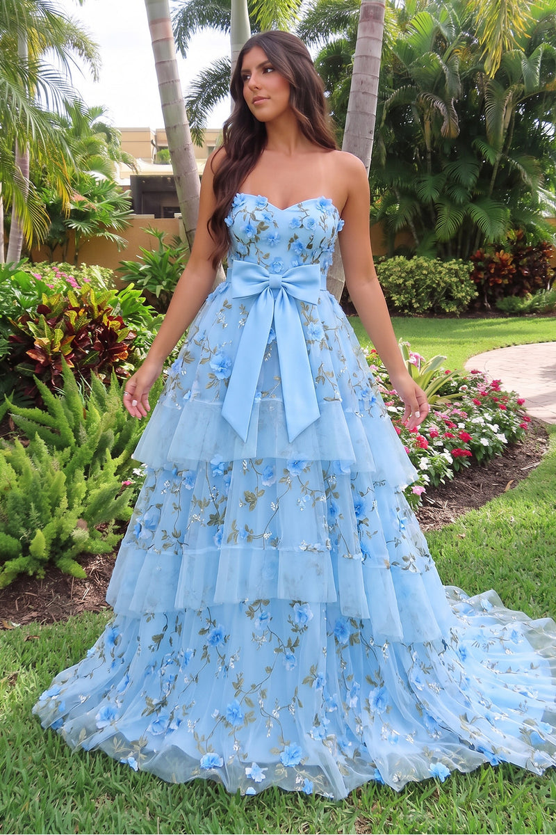 Load image into Gallery viewer, Blue Floral Ball Gown Sweetheart Tiered Long Prom Dress with Bow