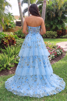 Blue Floral Ball Gown Sweetheart Tiered Long Prom Dress with Bow