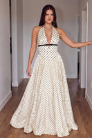 Load image into Gallery viewer, Peach Polka Dots A-Line Halter Long Prom Dress with Sash
