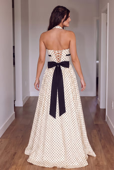 Peach Polka Dots A-Line Halter Long Prom Dress with Sash