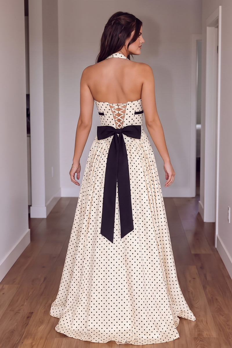 Load image into Gallery viewer, Peach Polka Dots A-Line Halter Long Prom Dress with Sash
