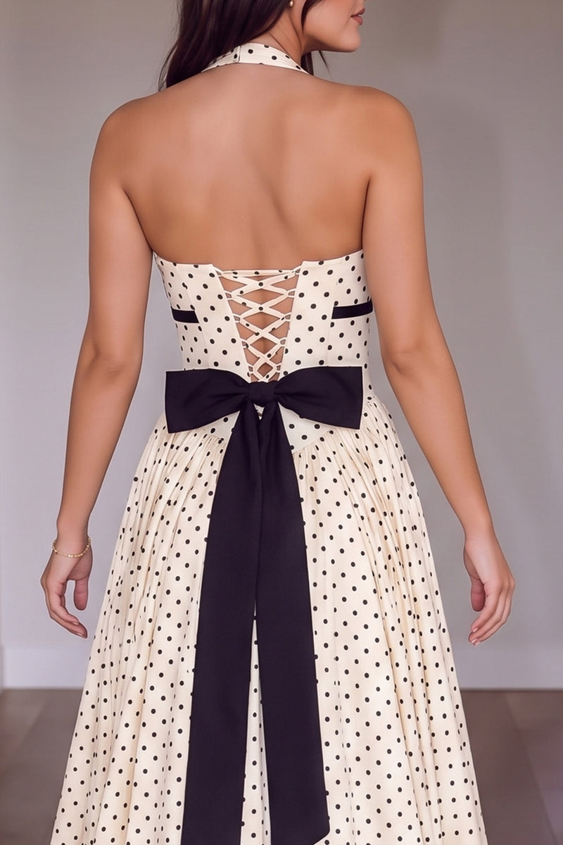 Load image into Gallery viewer, Peach Polka Dots A-Line Halter Long Prom Dress with Sash