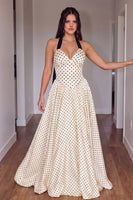 Load image into Gallery viewer, Peach Polka Dotes A-Line Halter Long Prom Dress with Bow