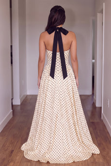 Peach Polka Dotes A-Line Halter Long Prom Dress with Bow