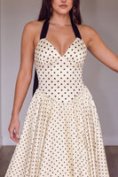 Load image into Gallery viewer, Peach Polka Dotes A-Line Halter Long Prom Dress with Bow