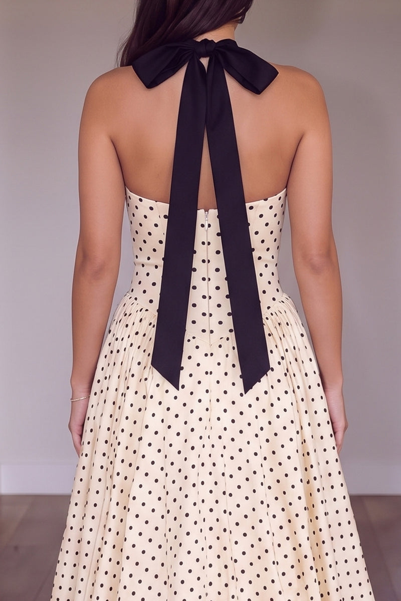 Load image into Gallery viewer, Peach Polka Dotes A-Line Halter Long Prom Dress with Bow