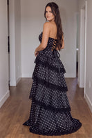 Load image into Gallery viewer, Black Polka Dots A Line Tiered Spaghetti Straps Long Prom Dress with Lace
