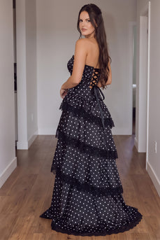 Black Polka Dots A Line Tiered Spaghetti Straps Long Prom Dress with Lace