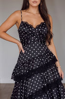 Load image into Gallery viewer, Black Polka Dots A Line Tiered Spaghetti Straps Long Prom Dress with Lace