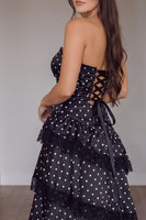 Load image into Gallery viewer, Black Polka Dots A Line Tiered Spaghetti Straps Long Prom Dress with Lace