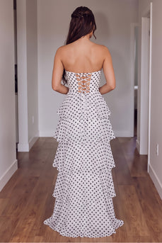 White Polka Dots Sweetheart Ruffled Tiered Long Prom Dress