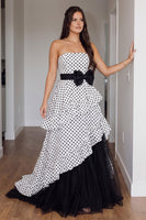 Load image into Gallery viewer, White Polka Dots Strapless Tiered Long Prom Dress with Bow
