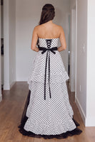 Load image into Gallery viewer, White Polka Dots Strapless Tiered Long Prom Dress with Bow