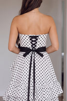 Load image into Gallery viewer, White Polka Dots Strapless Tiered Long Prom Dress with Bow