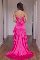Load image into Gallery viewer, Hot Pink Sheath Satin Strapless Ruffled Maxi Prom Dress