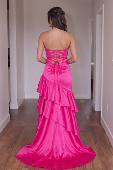 Hot Pink Sheath Satin Strapless Ruffled Maxi Prom Dress