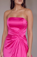 Load image into Gallery viewer, Hot Pink Sheath Satin Strapless Ruffled Maxi Prom Dress