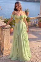 Load image into Gallery viewer, Sparkly Green A-Line Off the Shoulder Ruffled Long Prom Dress with Sequins