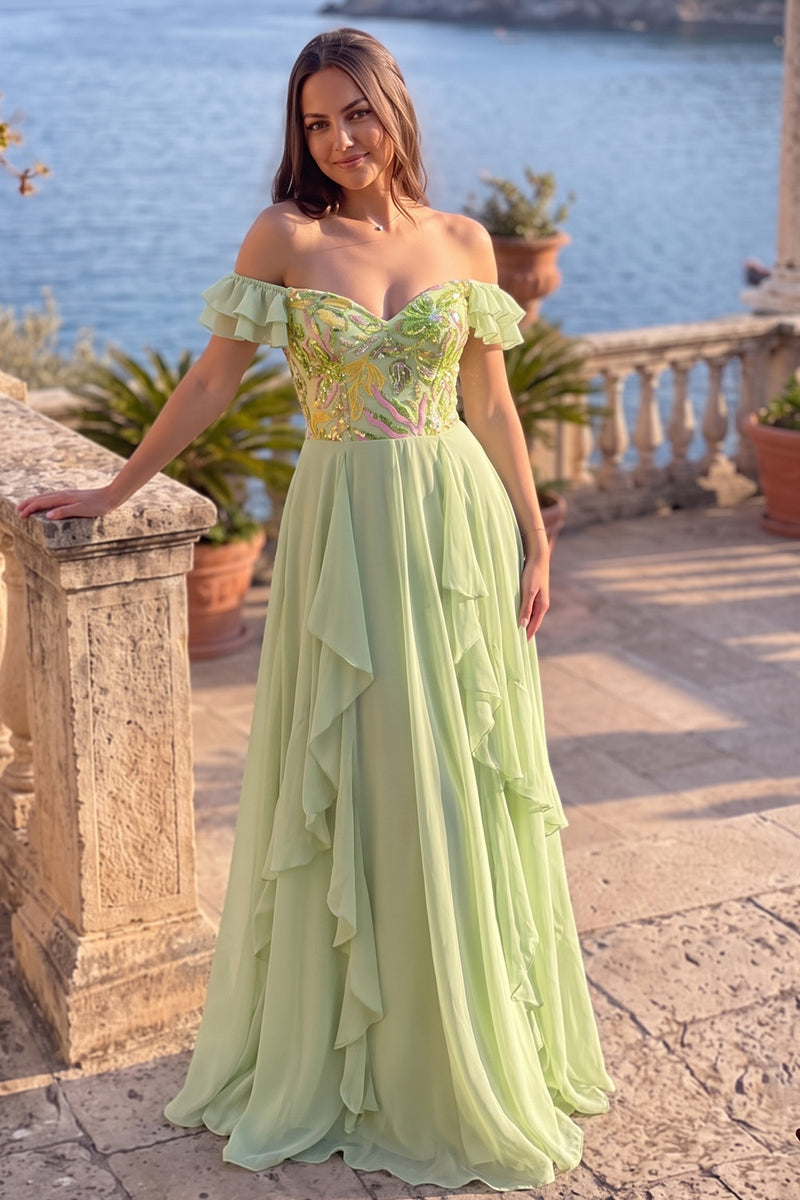 Load image into Gallery viewer, Sparkly Green A-Line Off the Shoulder Ruffled Long Prom Dress with Sequins