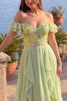 Load image into Gallery viewer, Sparkly Green A-Line Off the Shoulder Ruffled Long Prom Dress with Sequins
