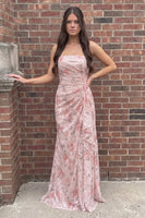 Load image into Gallery viewer, Pink Sheath Floral Strapless Ruffled Long Prom Dress with Side Cape
