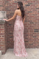 Load image into Gallery viewer, Pink Sheath Floral Strapless Ruffled Long Prom Dress with Side Cape