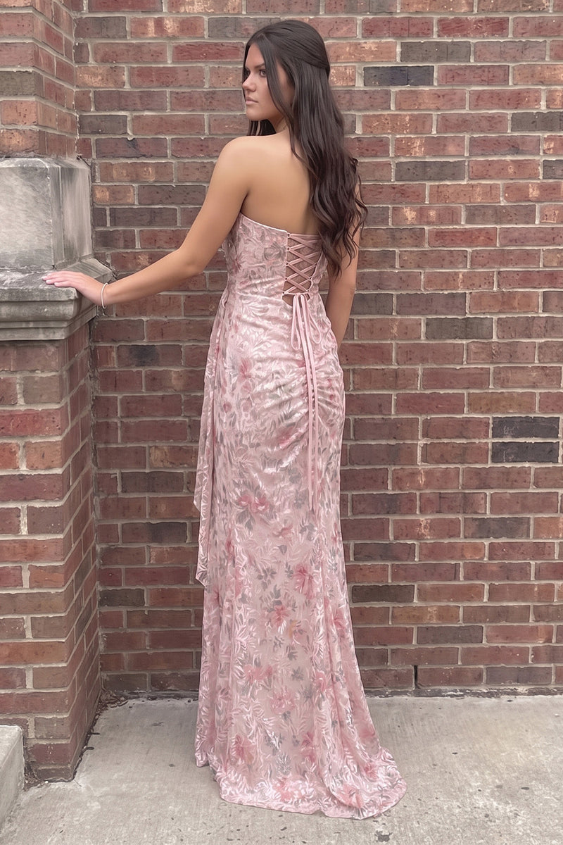 Load image into Gallery viewer, Pink Sheath Floral Strapless Ruffled Long Prom Dress with Side Cape