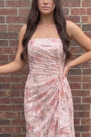 Load image into Gallery viewer, Pink Sheath Floral Strapless Ruffled Long Prom Dress with Side Cape